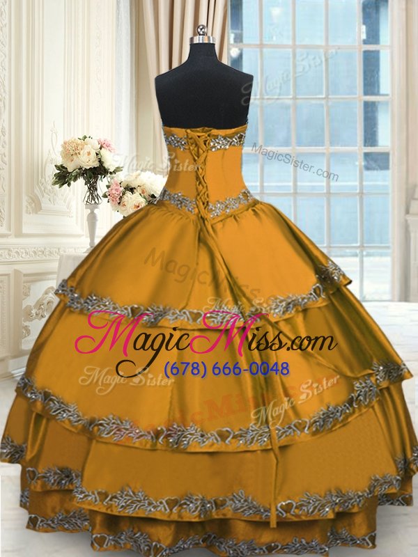 wholesale high end ruffled gold sleeveless taffeta lace up quince ball gowns for military ball and sweet 16 and quinceanera