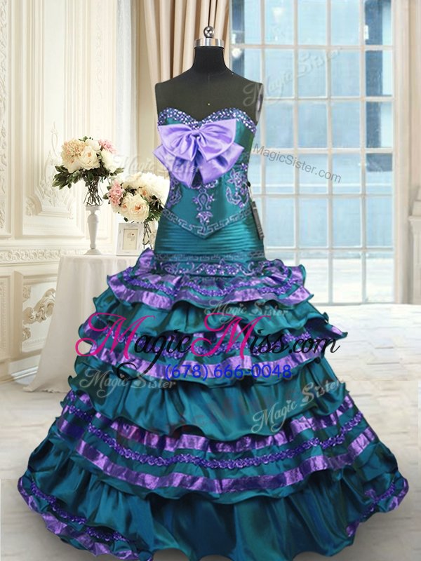 wholesale stylish mermaid peacock green sweetheart lace up appliques and ruffled layers and bowknot vestidos de quinceanera sweep train sleeveless