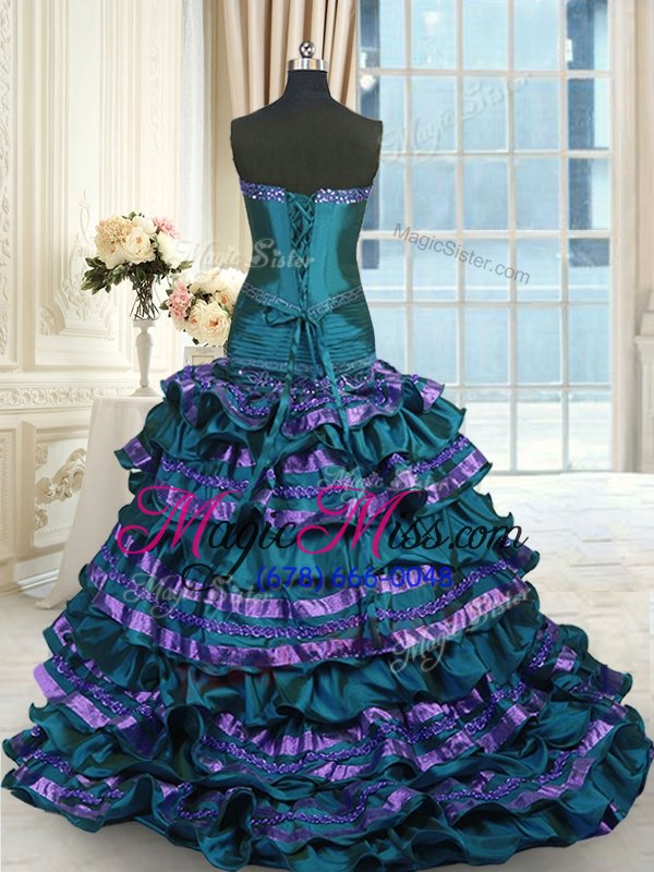 wholesale stylish mermaid peacock green sweetheart lace up appliques and ruffled layers and bowknot vestidos de quinceanera sweep train sleeveless