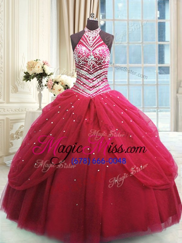 wholesale popular red sleeveless floor length beading lace up quinceanera dress