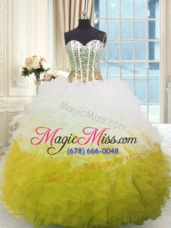 wholesale low price organza sweetheart sleeveless lace up beading and ruffles 15th birthday dress in yellow and white