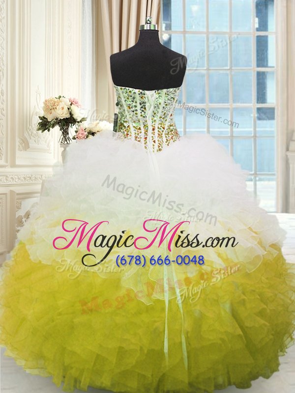 wholesale low price organza sweetheart sleeveless lace up beading and ruffles 15th birthday dress in yellow and white