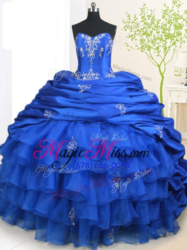 wholesale discount organza and taffeta sleeveless with train quinceanera dress brush train and beading and appliques and ruffled layers and pick ups