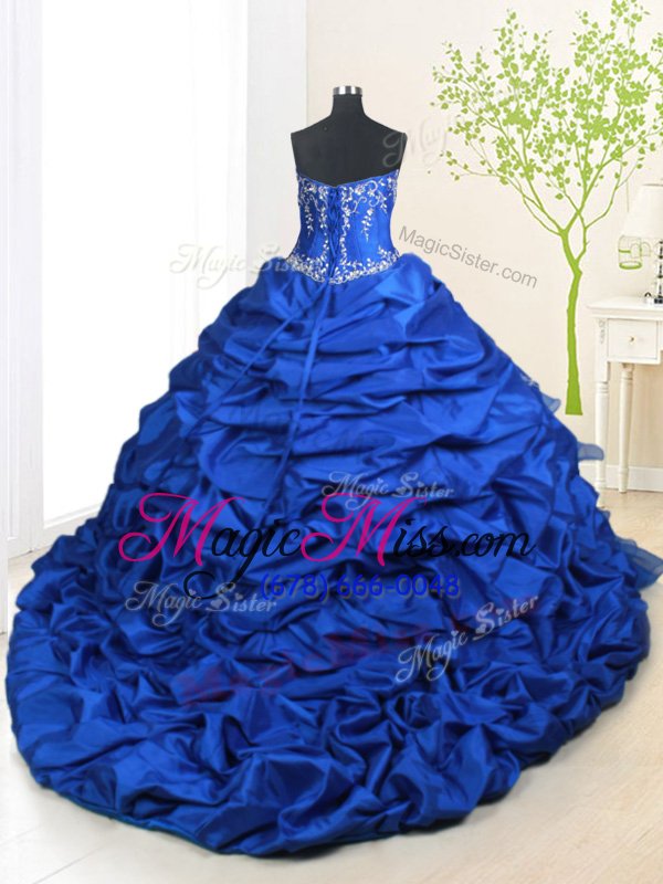 wholesale discount organza and taffeta sleeveless with train quinceanera dress brush train and beading and appliques and ruffled layers and pick ups