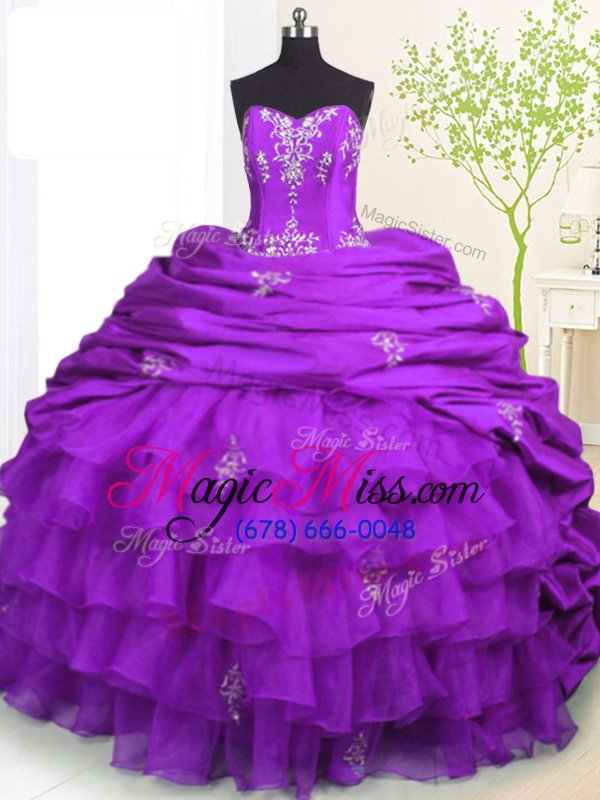 wholesale elegant beading and appliques and ruffled layers and pick ups quinceanera gowns purple lace up sleeveless with brush train