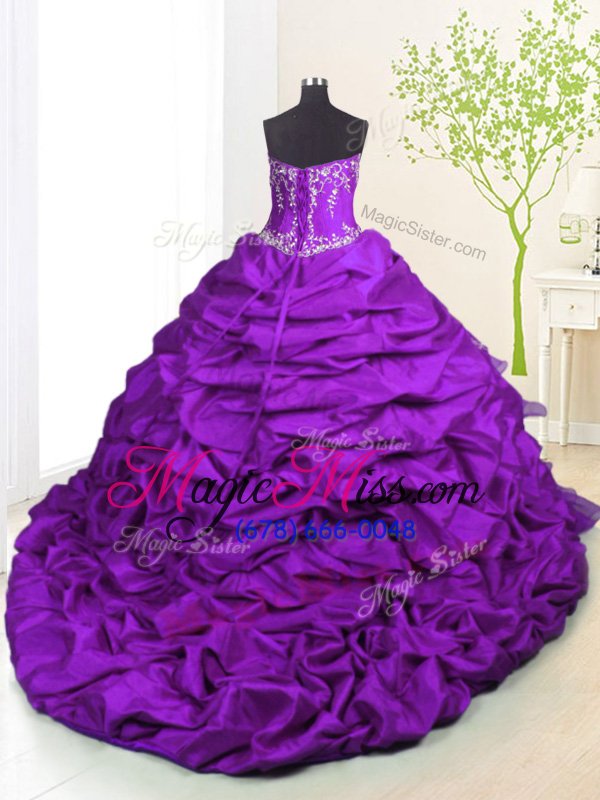 wholesale elegant beading and appliques and ruffled layers and pick ups quinceanera gowns purple lace up sleeveless with brush train