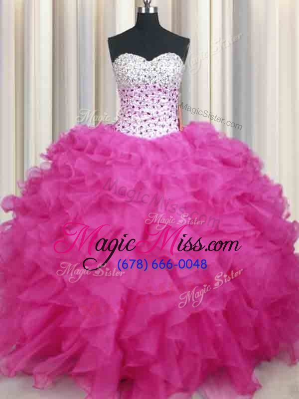 wholesale admirable halter top sleeveless 15 quinceanera dress floor length beading and ruffles hot pink organza