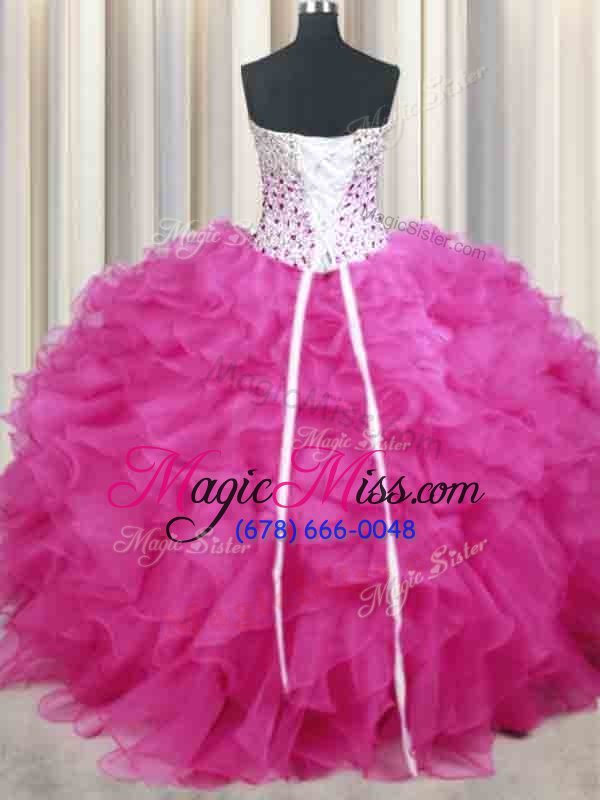 wholesale admirable halter top sleeveless 15 quinceanera dress floor length beading and ruffles hot pink organza