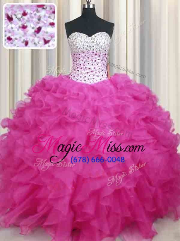 wholesale admirable halter top sleeveless 15 quinceanera dress floor length beading and ruffles hot pink organza