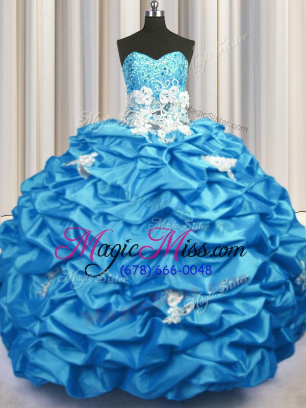 wholesale glittering sequins pick ups with train ball gowns sleeveless aqua blue sweet 16 quinceanera dress brush train lace up