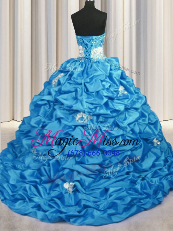 wholesale glittering sequins pick ups with train ball gowns sleeveless aqua blue sweet 16 quinceanera dress brush train lace up