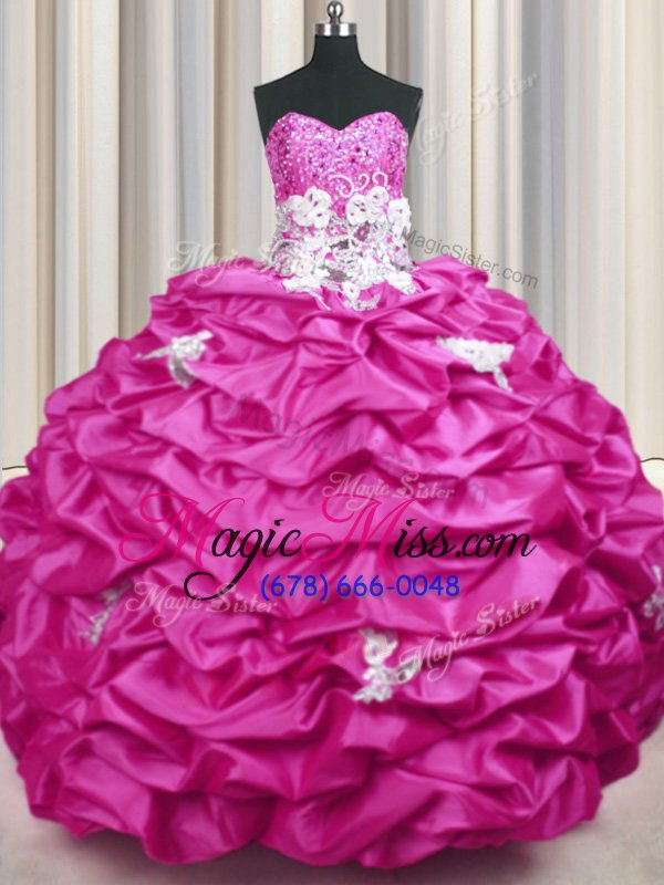 wholesale dynamic sweetheart sleeveless sweet 16 quinceanera dress with train sweep train appliques and sequins and pick ups fuchsia taffeta