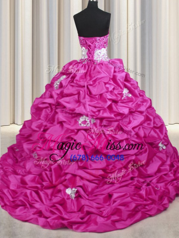 wholesale dynamic sweetheart sleeveless sweet 16 quinceanera dress with train sweep train appliques and sequins and pick ups fuchsia taffeta