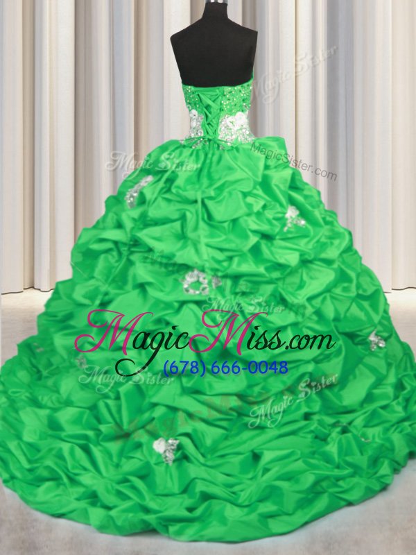 wholesale hot selling sleeveless taffeta with brush train lace up quinceanera dress in for with appliques and sequins and pick ups