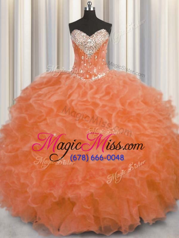 wholesale high end orange ball gowns sweetheart sleeveless organza floor length lace up beading and ruffles 15 quinceanera dress