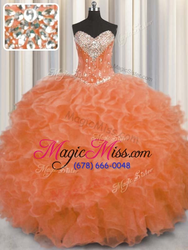 wholesale high end orange ball gowns sweetheart sleeveless organza floor length lace up beading and ruffles 15 quinceanera dress