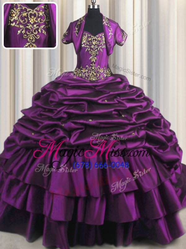 wholesale charming sleeveless taffeta with brush train lace up quinceanera gown in purple for with beading and appliques and pick ups