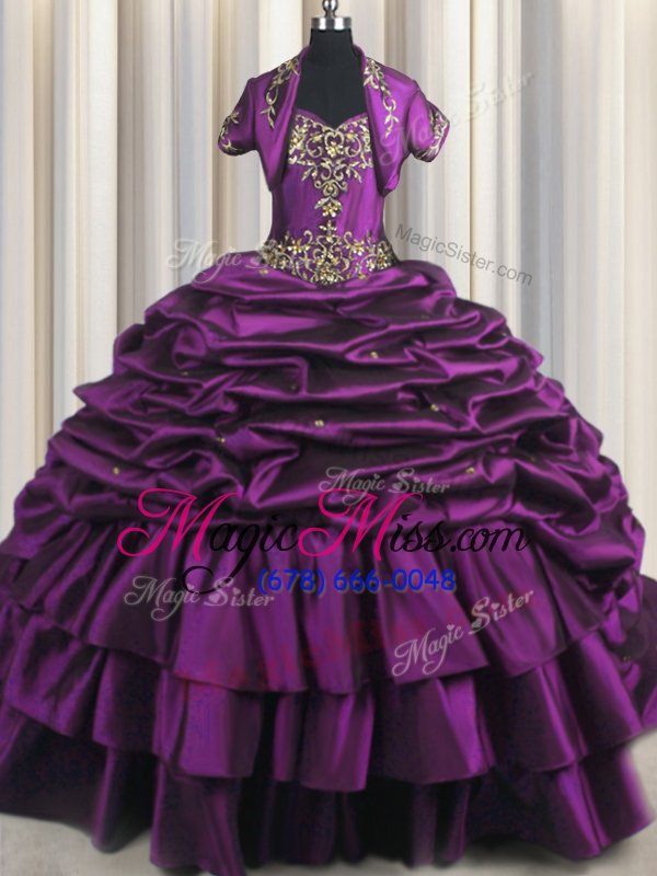 wholesale charming sleeveless taffeta with brush train lace up quinceanera gown in purple for with beading and appliques and pick ups