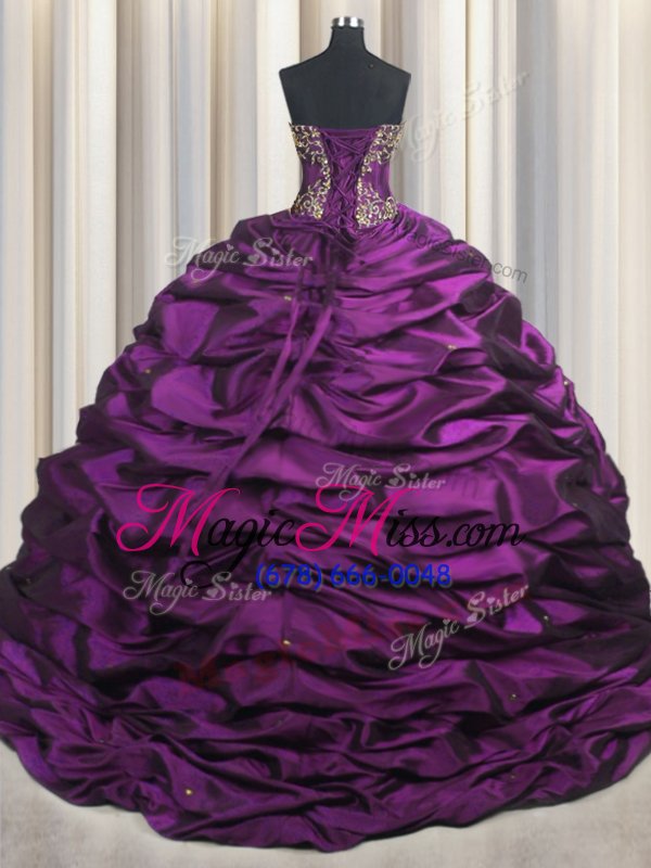 wholesale charming sleeveless taffeta with brush train lace up quinceanera gown in purple for with beading and appliques and pick ups