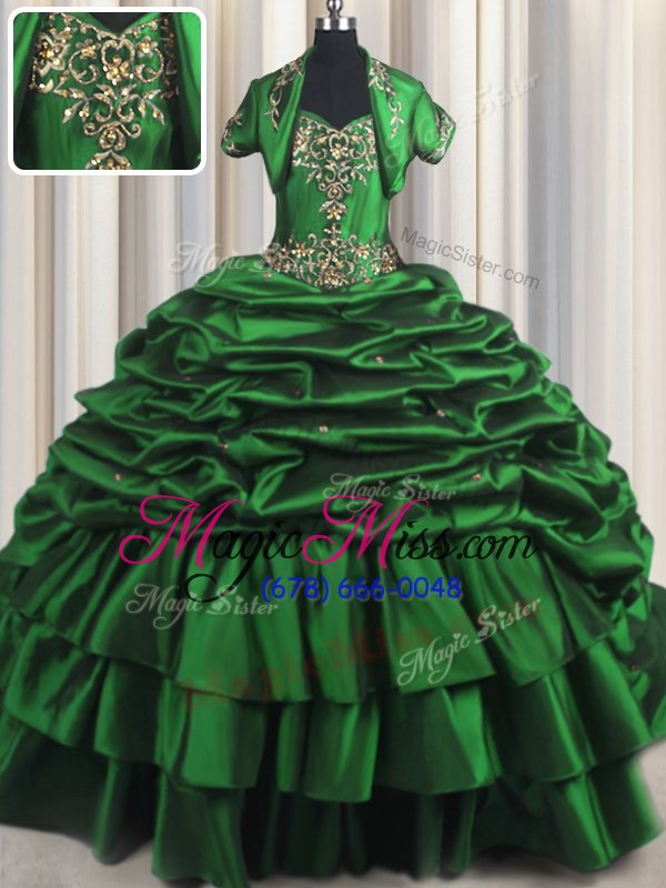 wholesale dazzling dark green sleeveless brush train beading and appliques and pick ups with train sweet 16 dresses