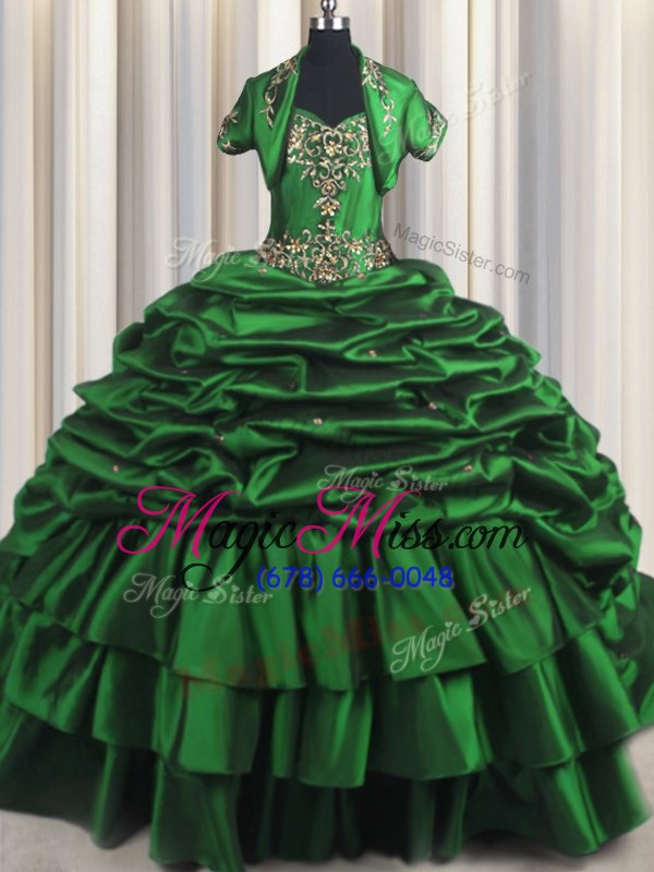 wholesale dazzling dark green sleeveless brush train beading and appliques and pick ups with train sweet 16 dresses