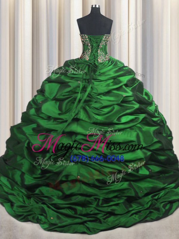 wholesale dazzling dark green sleeveless brush train beading and appliques and pick ups with train sweet 16 dresses