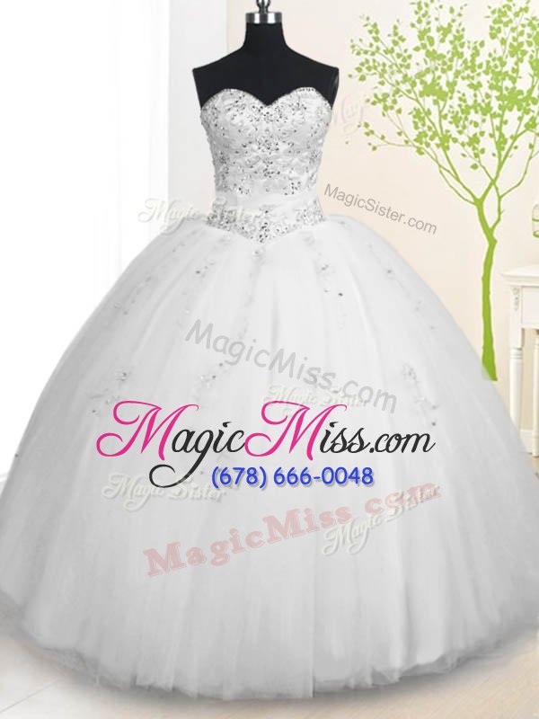 wholesale excellent floor length white quinceanera dresses tulle sleeveless beading and appliques