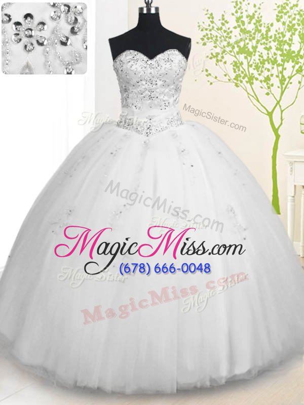 wholesale excellent floor length white quinceanera dresses tulle sleeveless beading and appliques