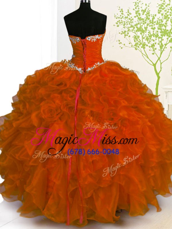 wholesale rust red ball gowns sweetheart sleeveless organza floor length lace up beading and ruffles quinceanera dresses