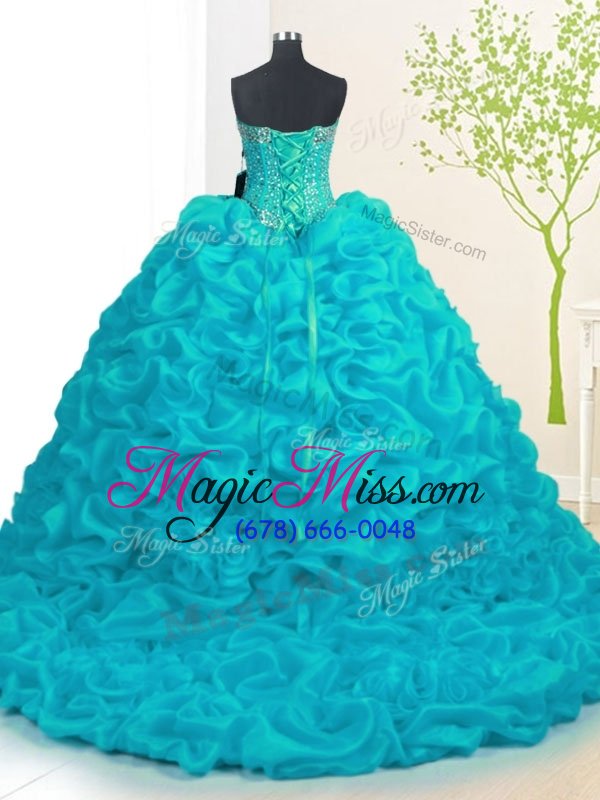 wholesale sophisticated with train ball gowns sleeveless aqua blue quinceanera gowns brush train lace up