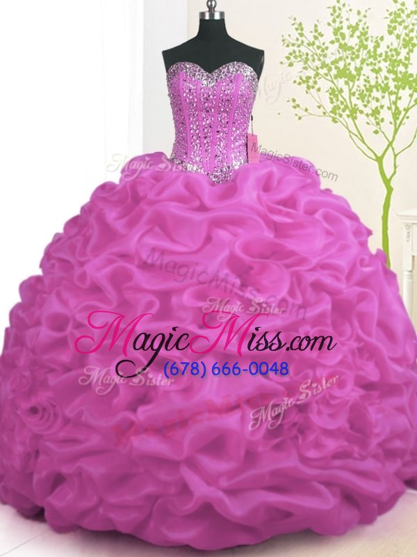 wholesale fuchsia sleeveless organza brush train lace up 15 quinceanera dress for military ball and sweet 16 and quinceanera