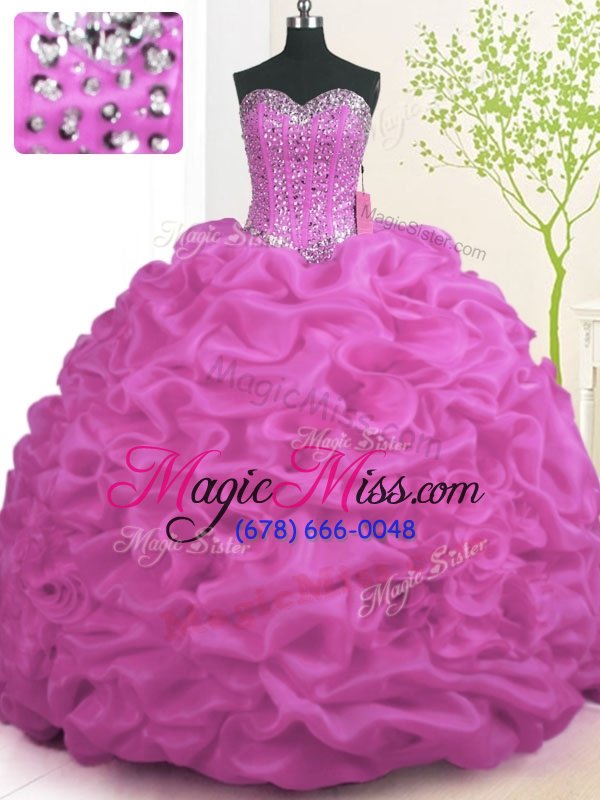 wholesale fuchsia sleeveless organza brush train lace up 15 quinceanera dress for military ball and sweet 16 and quinceanera