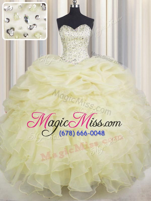 wholesale best selling light yellow lace up sweetheart beading and ruffles quinceanera dress organza sleeveless