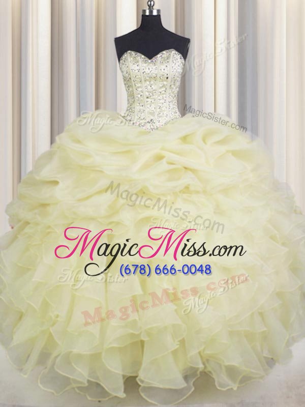 wholesale best selling light yellow lace up sweetheart beading and ruffles quinceanera dress organza sleeveless