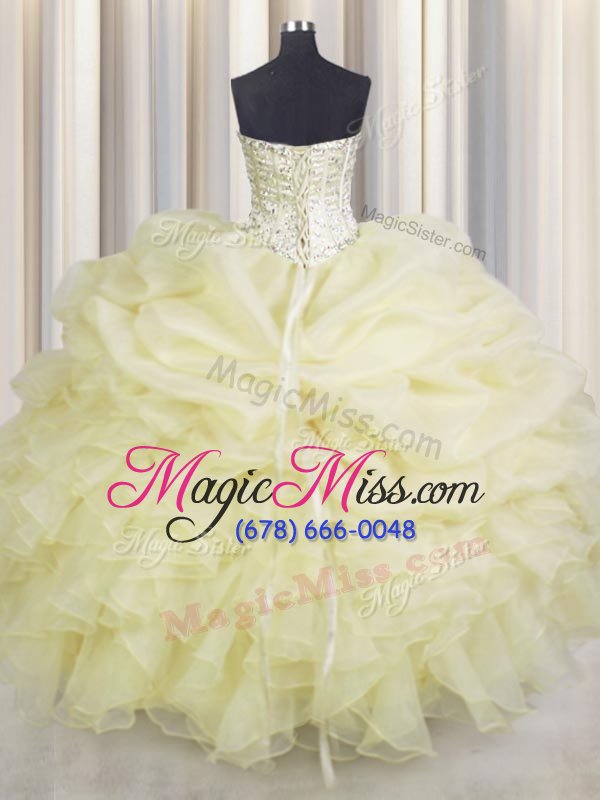 wholesale best selling light yellow lace up sweetheart beading and ruffles quinceanera dress organza sleeveless