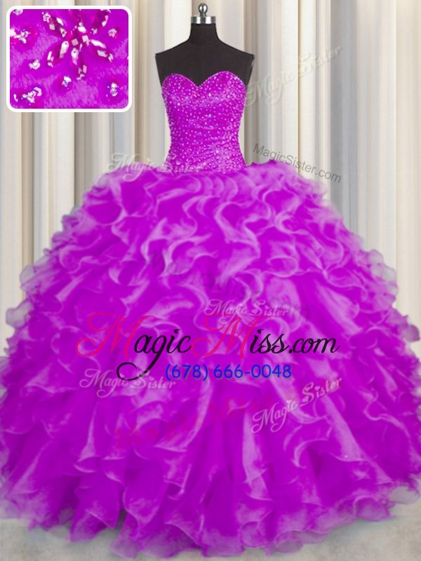 wholesale fuchsia ball gowns sweetheart sleeveless organza floor length lace up beading and ruffles quince ball gowns