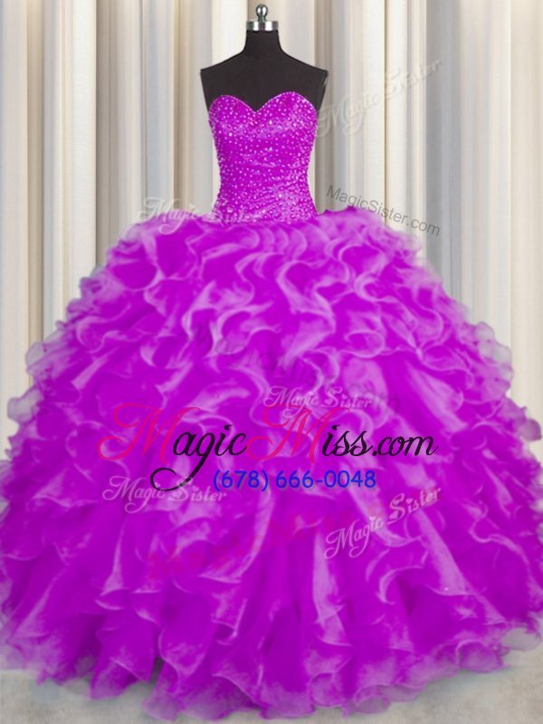 wholesale fuchsia ball gowns sweetheart sleeveless organza floor length lace up beading and ruffles quince ball gowns