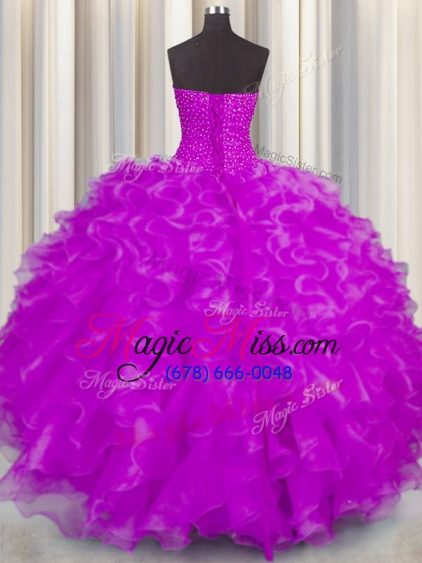 wholesale fuchsia ball gowns sweetheart sleeveless organza floor length lace up beading and ruffles quince ball gowns