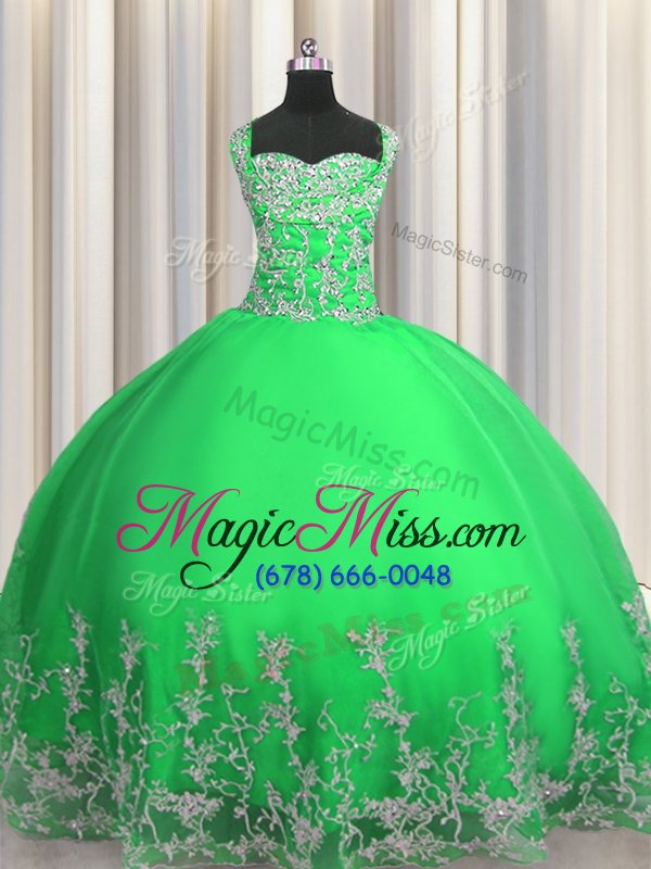 wholesale customized floor length apple green 15 quinceanera dress tulle sleeveless beading and appliques