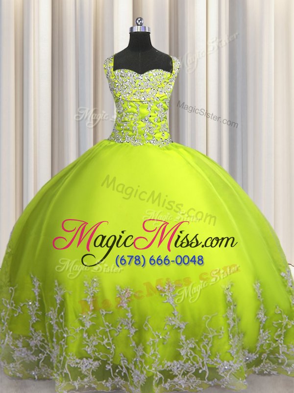 wholesale spectacular yellow green straps lace up beading and appliques ball gown prom dress sleeveless