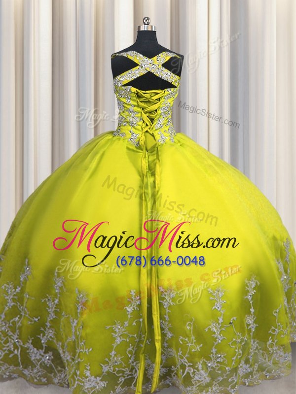 wholesale spectacular yellow green straps lace up beading and appliques ball gown prom dress sleeveless