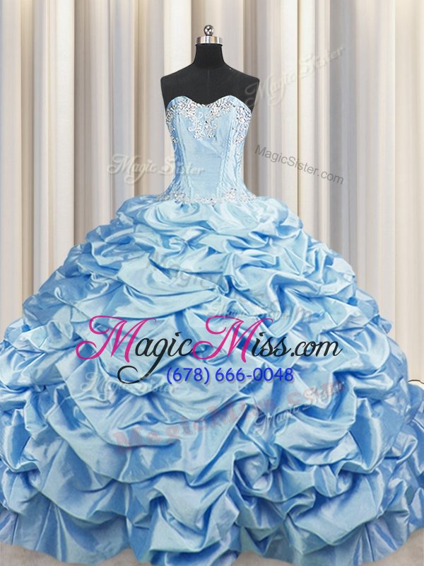 wholesale brush train baby blue ball gowns beading and pick ups quinceanera dress lace up taffeta sleeveless