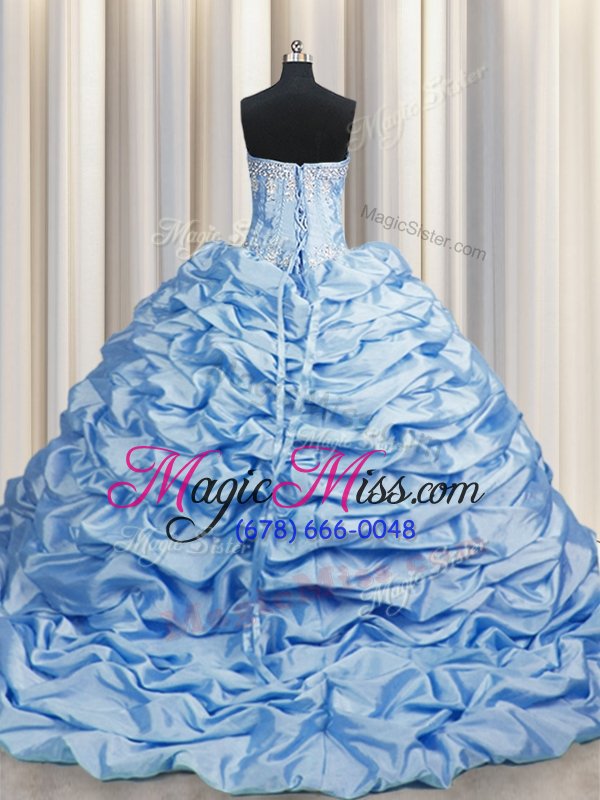 wholesale brush train baby blue ball gowns beading and pick ups quinceanera dress lace up taffeta sleeveless