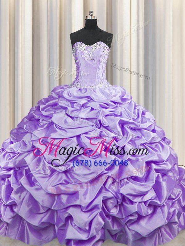 wholesale brush train lavender ball gowns beading and pick ups quince ball gowns lace up taffeta sleeveless with train