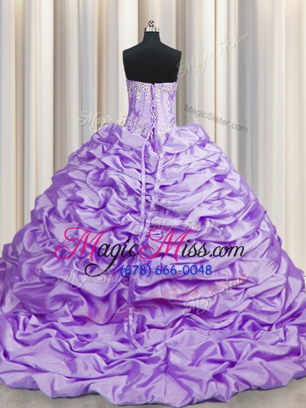 wholesale brush train lavender ball gowns beading and pick ups quince ball gowns lace up taffeta sleeveless with train