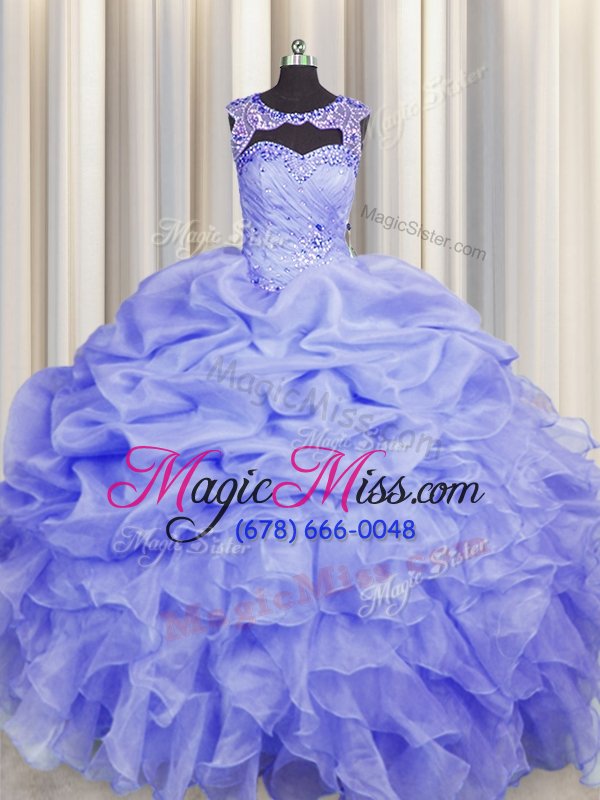 wholesale trendy scoop pick ups lavender sleeveless organza lace up quinceanera gown for military ball and sweet 16 and quinceanera