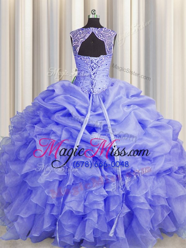 wholesale trendy scoop pick ups lavender sleeveless organza lace up quinceanera gown for military ball and sweet 16 and quinceanera