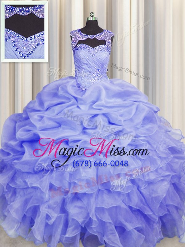 wholesale trendy scoop pick ups lavender sleeveless organza lace up quinceanera gown for military ball and sweet 16 and quinceanera