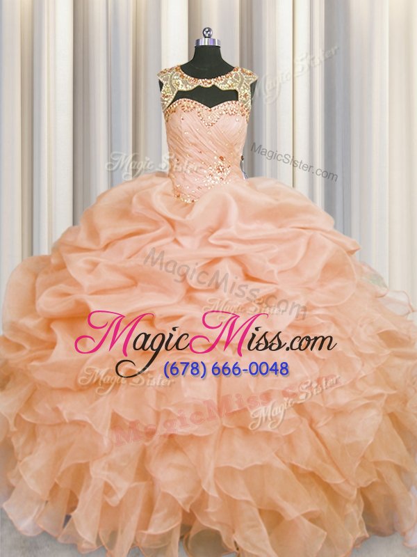 wholesale fabulous scoop pick ups floor length ball gowns sleeveless peach 15 quinceanera dress lace up