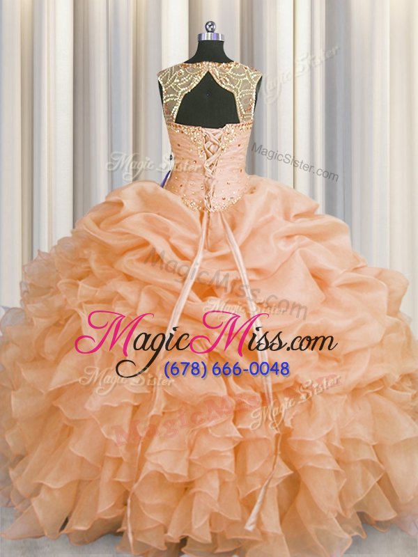 wholesale fabulous scoop pick ups floor length ball gowns sleeveless peach 15 quinceanera dress lace up